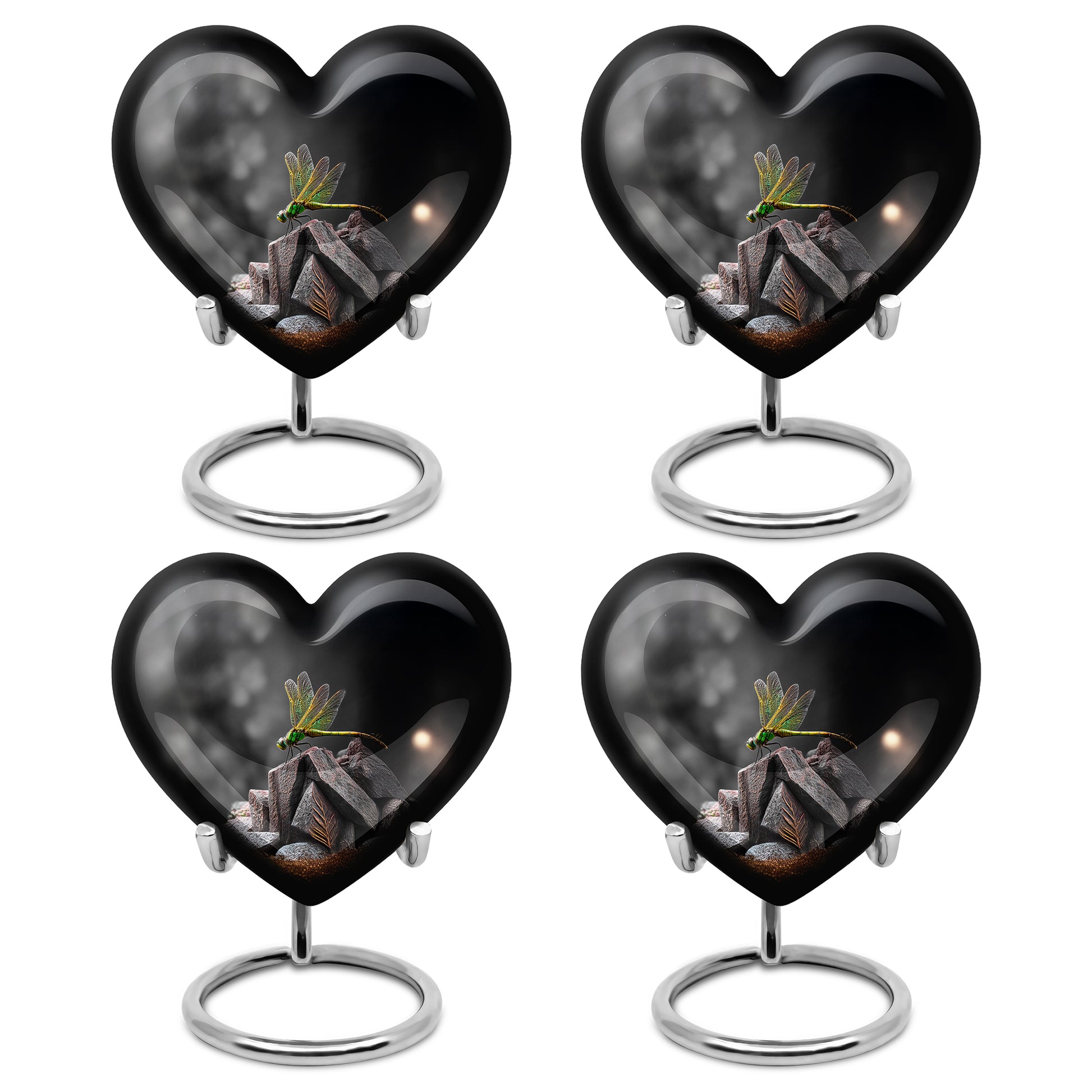 Rich Black Dragonfly Cremation Urn angled view of lid and engraved motif - loving heart memorial featuring dragonfly pattern - 10 inch aluminum urn for cremated remains