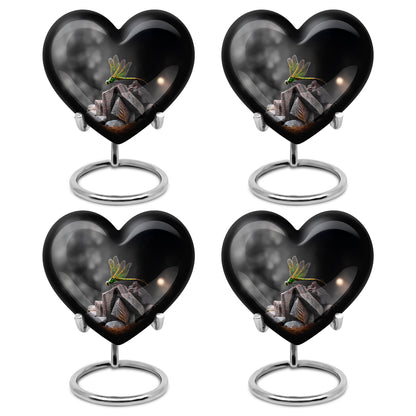 Rich Black Dragonfly Cremation Urn angled view of lid and engraved motif - loving heart memorial featuring dragonfly pattern - 10 inch aluminum urn for cremated remains