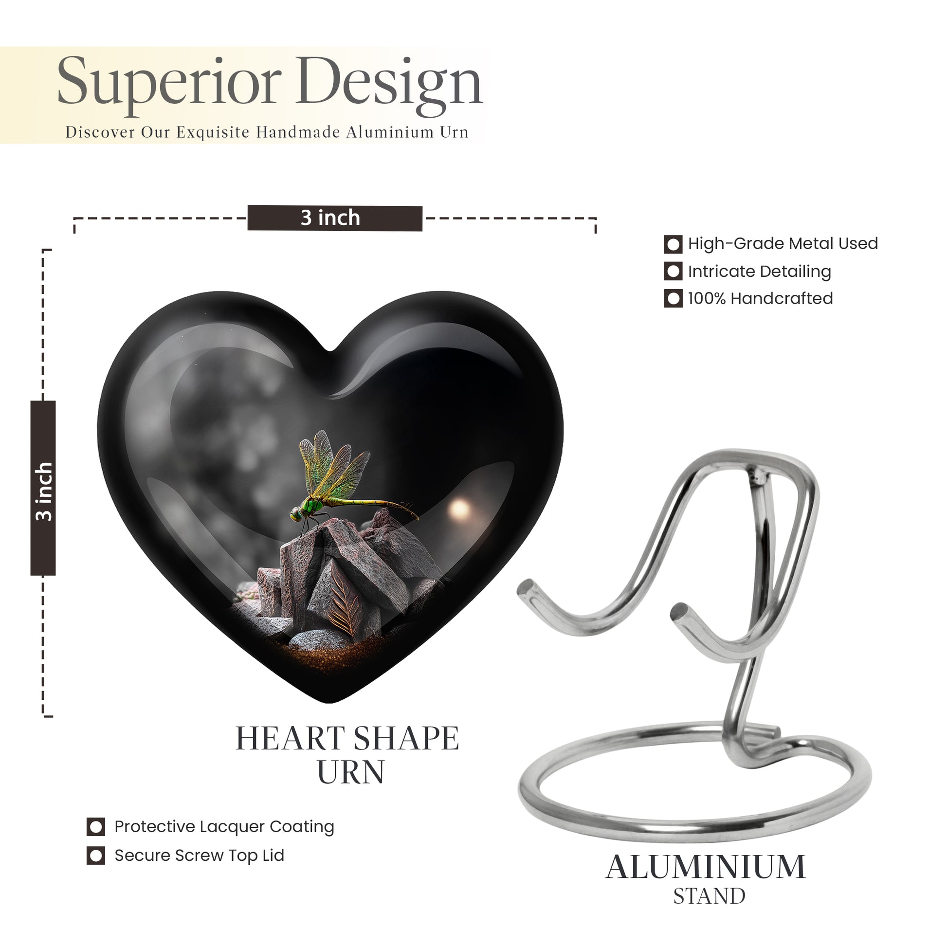 Deep Black Dragonfly Cremation Urn front view showing detailed design - heart-shaped dragonfly design symbolizing eternal love - mini keepsake memorial for portion of cremation ashes