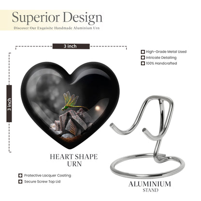 Deep Black Dragonfly Cremation Urn front view showing detailed design - heart-shaped dragonfly design symbolizing eternal love - mini keepsake memorial for portion of cremation ashes