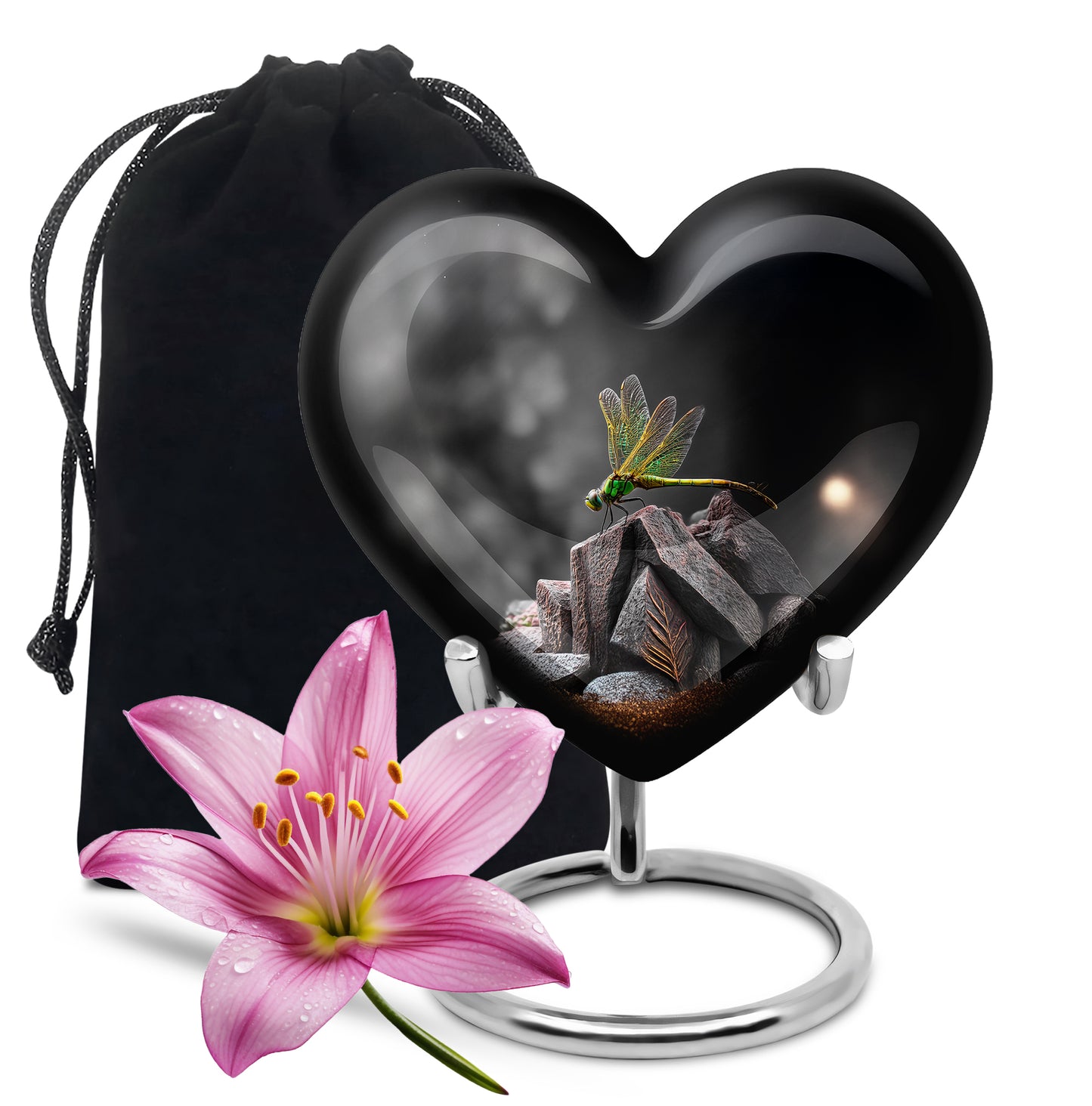 Glossy Black Dragonfly Cremation Urn detail view - loving heart memorial featuring dragonfly pattern - full-size 10 inch 200 cubic inch adult cremation urn