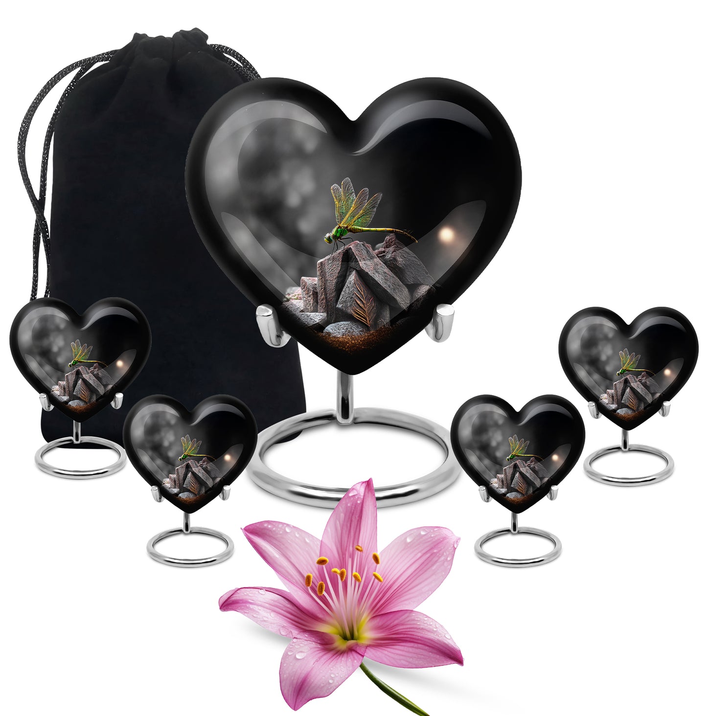 Rich Black Dragonfly Cremation Urn close-up of engraving and surface detail - loving heart memorial featuring dragonfly pattern - memorial set with one large and four small urns