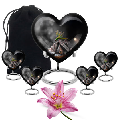 Rich Black Dragonfly Cremation Urn close-up of engraving and surface detail - loving heart memorial featuring dragonfly pattern - memorial set with one large and four small urns