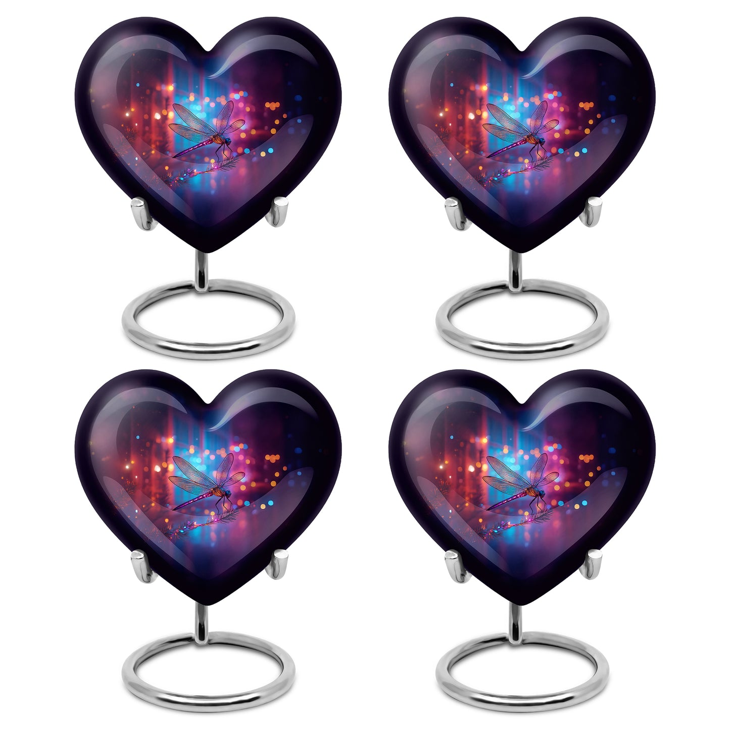 Twilight Blue Dragonfly Cremation Urn angled view of lid and engraved motif - romantic heart urn with dragonfly motif on aluminum - 10 inch aluminum urn for cremated remains