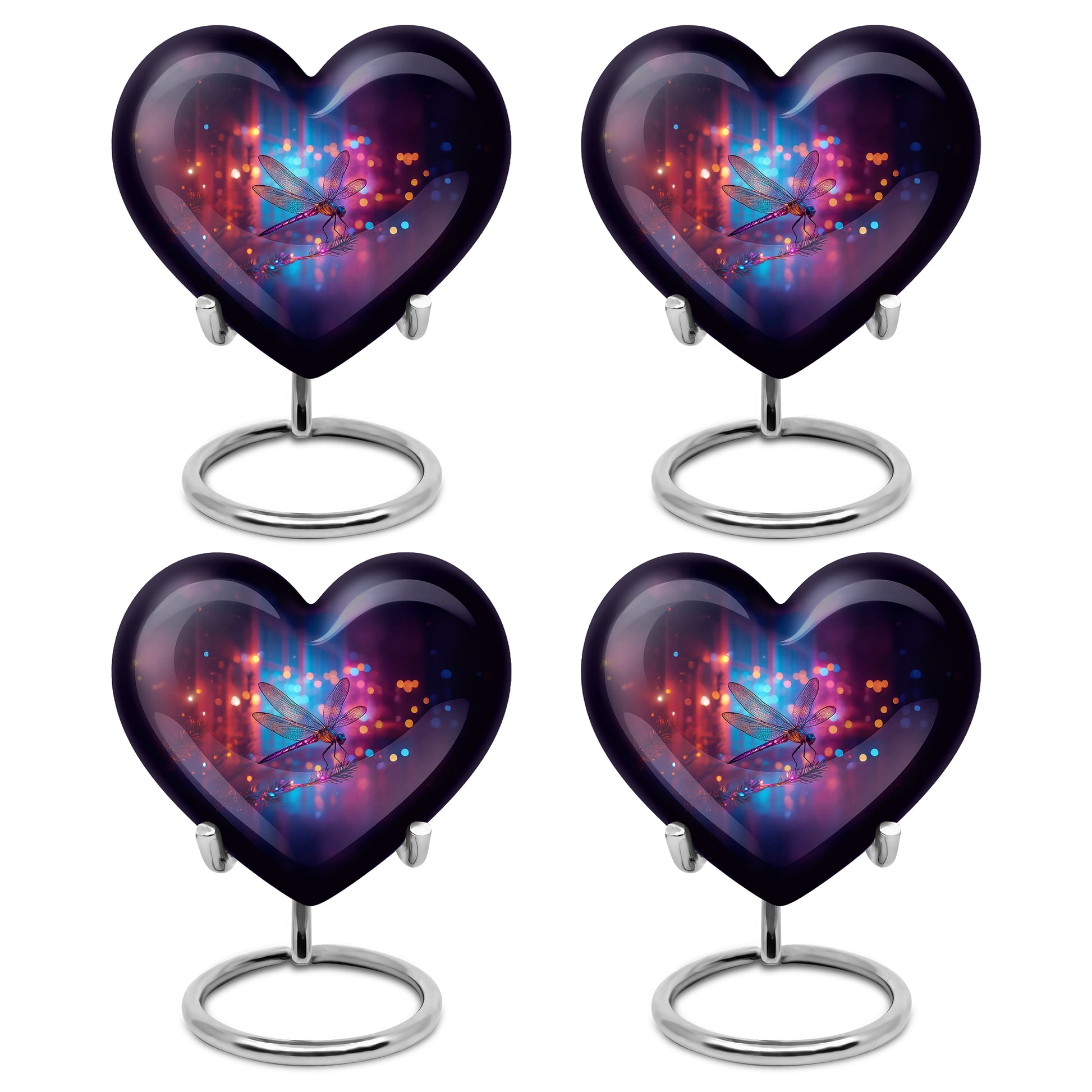 Twilight Blue Dragonfly Cremation Urn angled view of lid and engraved motif - romantic heart urn with dragonfly motif on aluminum - 10 inch aluminum urn for cremated remains