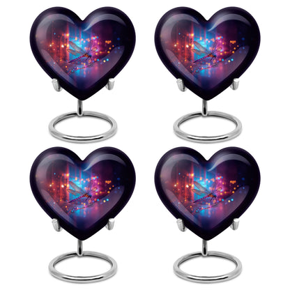 Twilight Blue Dragonfly Cremation Urn angled view of lid and engraved motif - romantic heart urn with dragonfly motif on aluminum - 10 inch aluminum urn for cremated remains