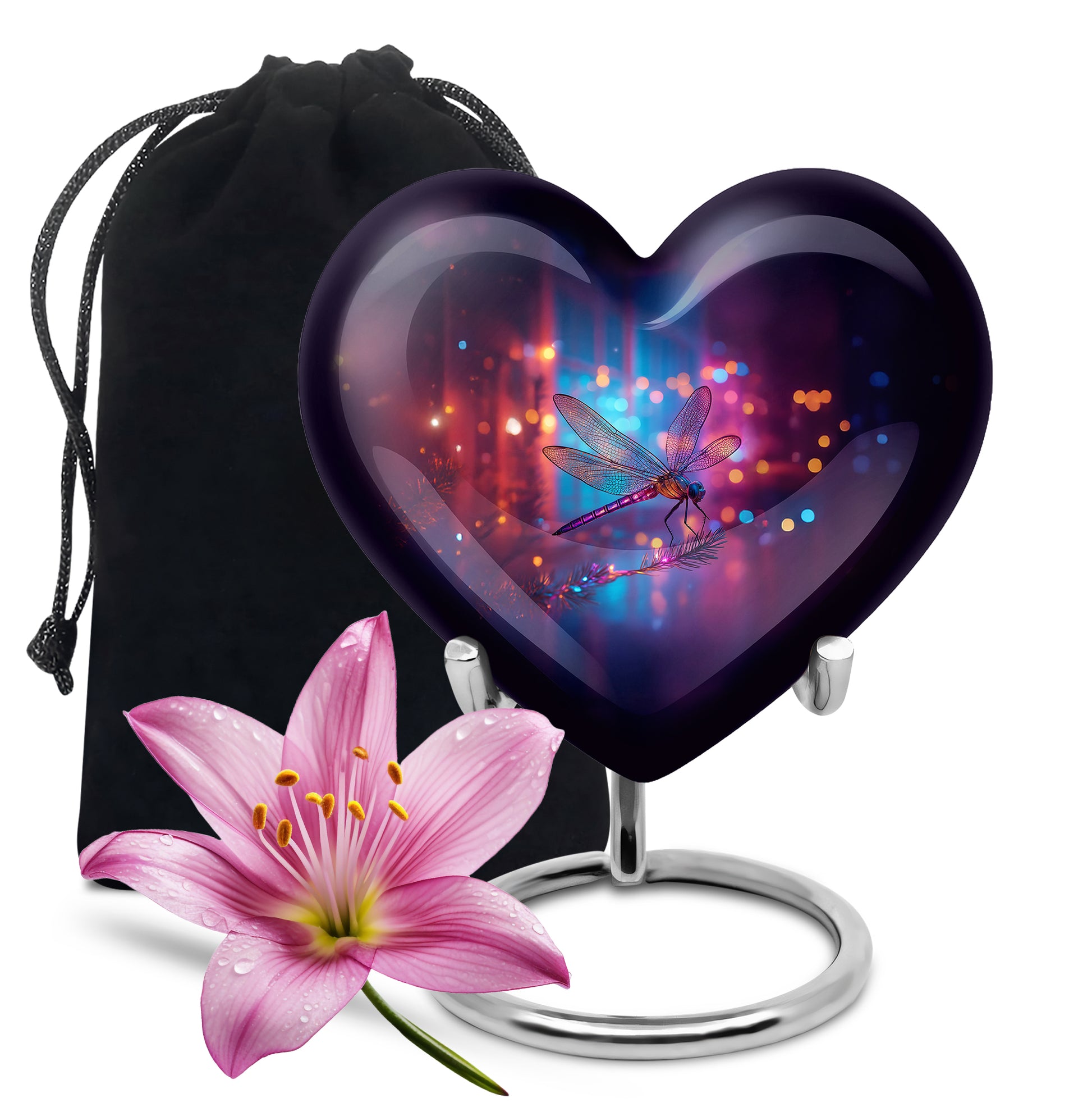 Serene Blue Dragonfly Cremation Urn detail view - romantic heart urn with dragonfly motif on aluminum - full-size 10 inch 200 cubic inch adult cremation urn