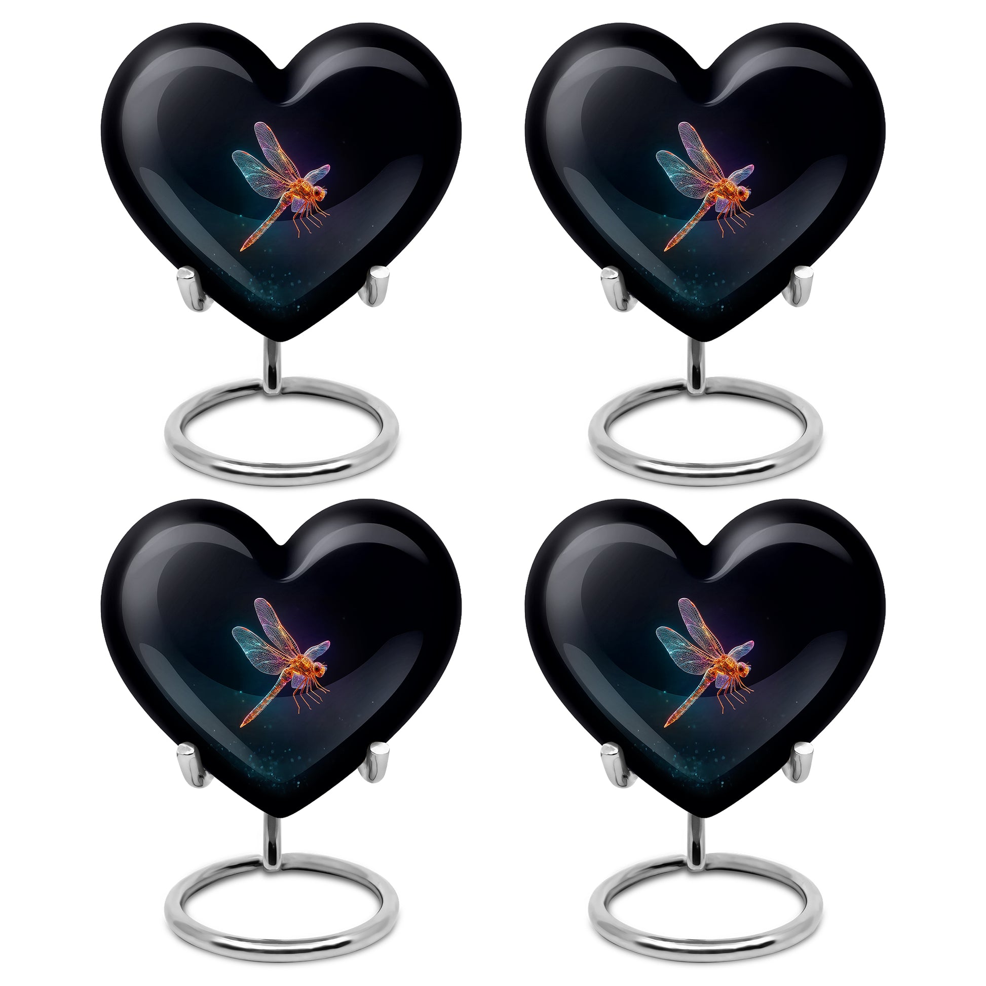 Charcoal Black Dragonfly Cremation Urn angled view of lid and engraved motif - romantic heart urn with dragonfly motif on aluminum - 10 inch aluminum urn for cremated remains