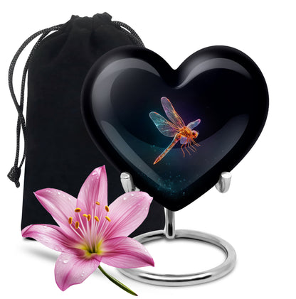 Deep Black Dragonfly Cremation Urn detail view - loving heart memorial featuring dragonfly pattern - full-size 10 inch 200 cubic inch adult cremation urn