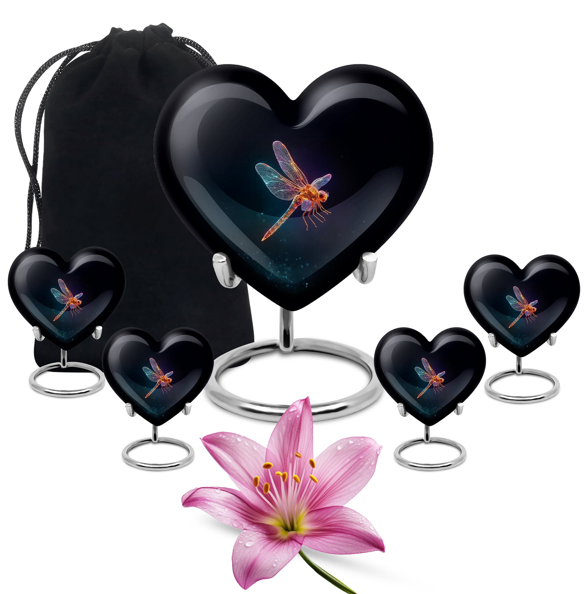 Jet Black Dragonfly Cremation Urn close-up of engraving and surface detail - loving heart memorial featuring dragonfly pattern - memorial set with one large and four small urns