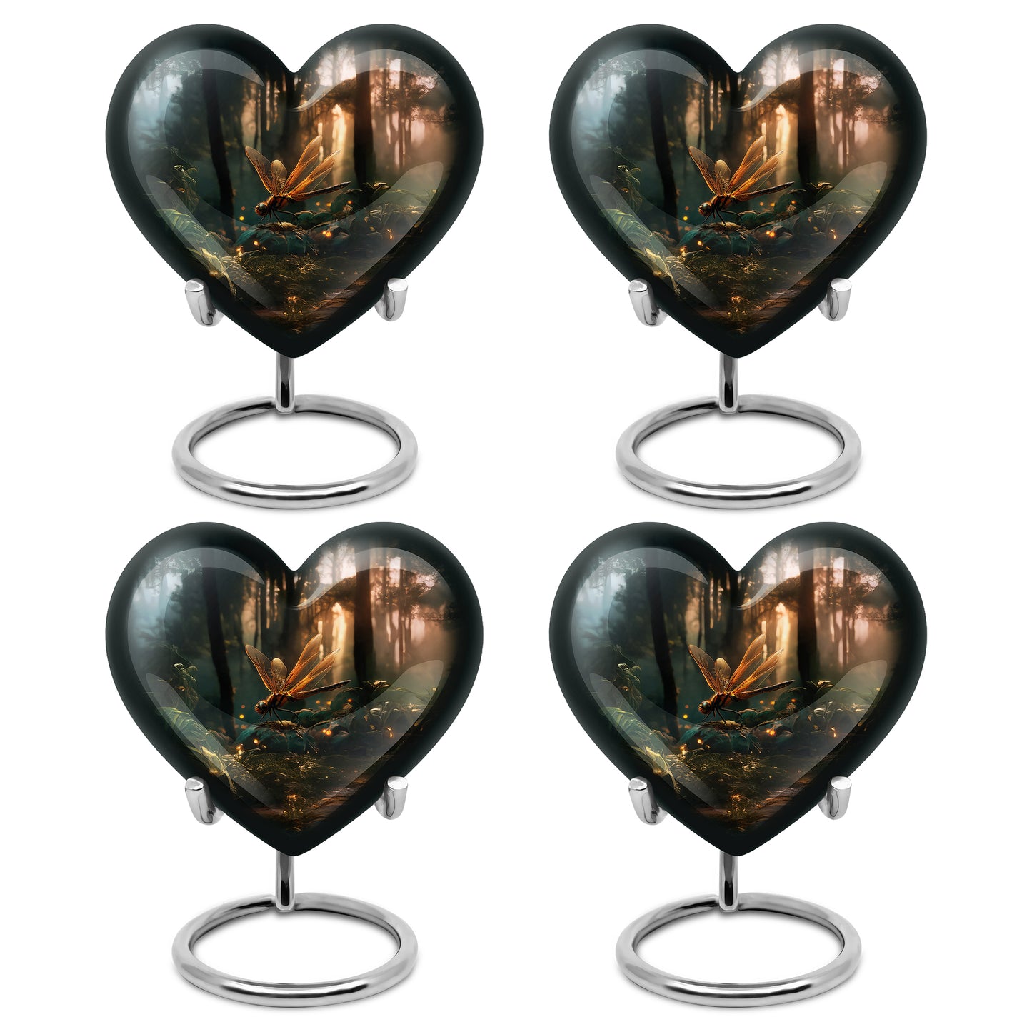 Charcoal Black Dragonfly Cremation Urn angled view of lid and engraved motif - compassionate heart-dragonfly combination with gentle curves - 10 inch aluminum urn for cremated remains