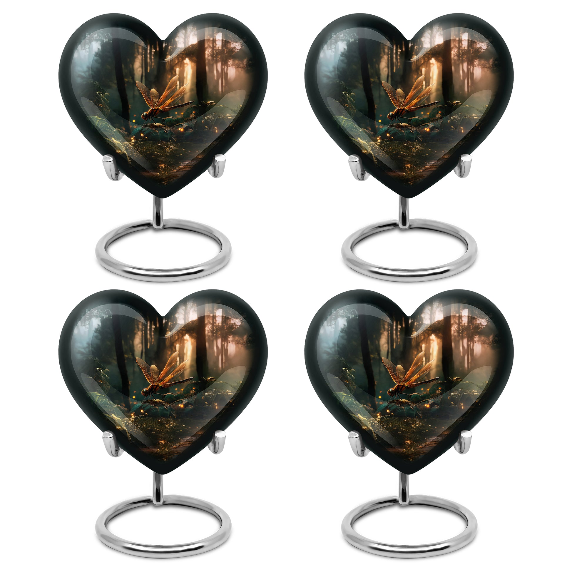 Charcoal Black Dragonfly Cremation Urn angled view of lid and engraved motif - compassionate heart-dragonfly combination with gentle curves - 10 inch aluminum urn for cremated remains