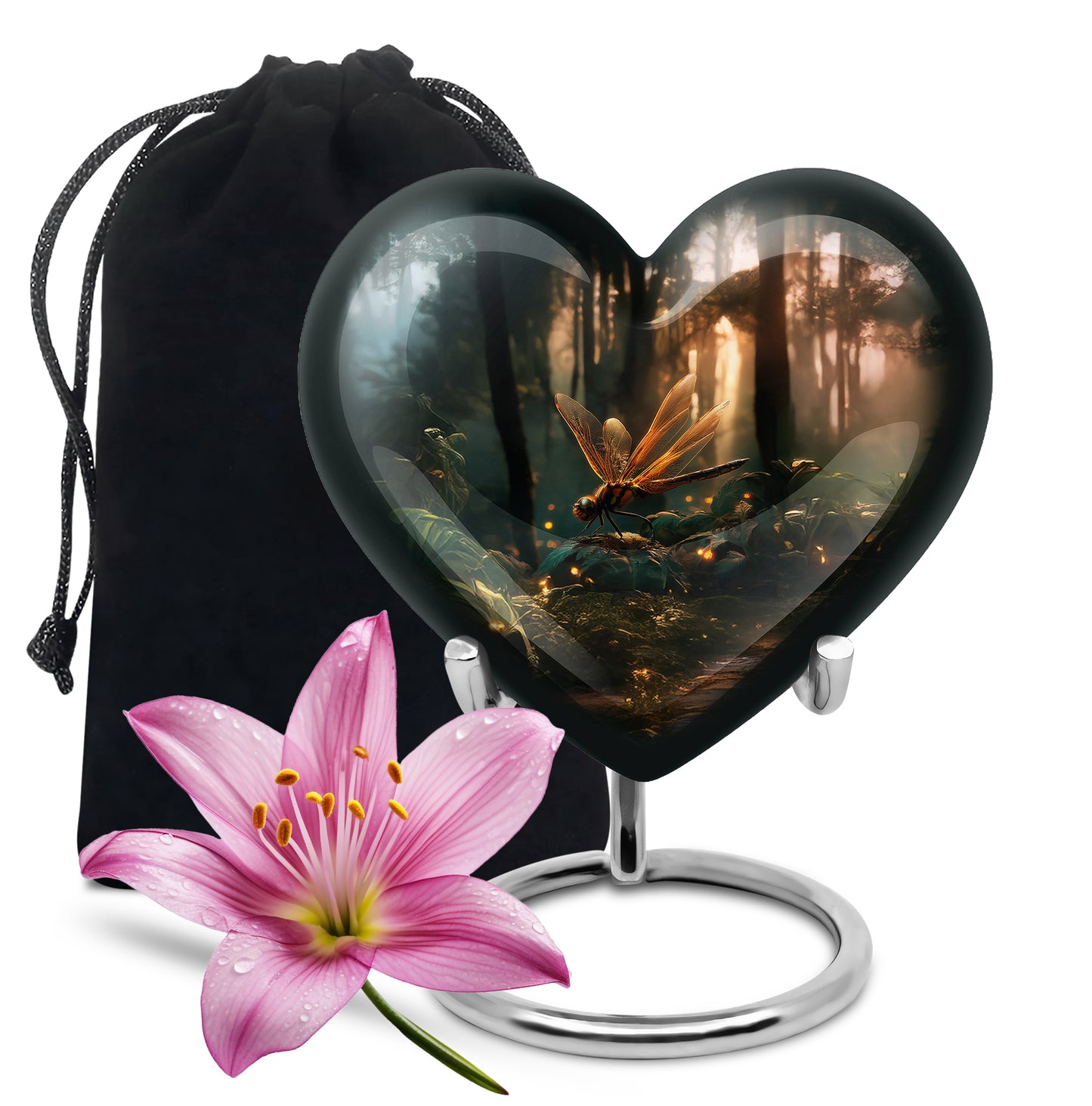 Dark Black Dragonfly Cremation Urn detail view - romantic heart urn with dragonfly motif on aluminum - full-size 10 inch 200 cubic inch adult cremation urn