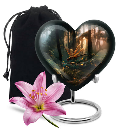 Dark Black Dragonfly Cremation Urn detail view - romantic heart urn with dragonfly motif on aluminum - full-size 10 inch 200 cubic inch adult cremation urn