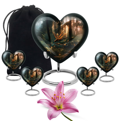 Glossy Black Dragonfly Cremation Urn close-up of engraving and surface detail - loving heart memorial featuring dragonfly pattern - memorial set with one large and four small urns