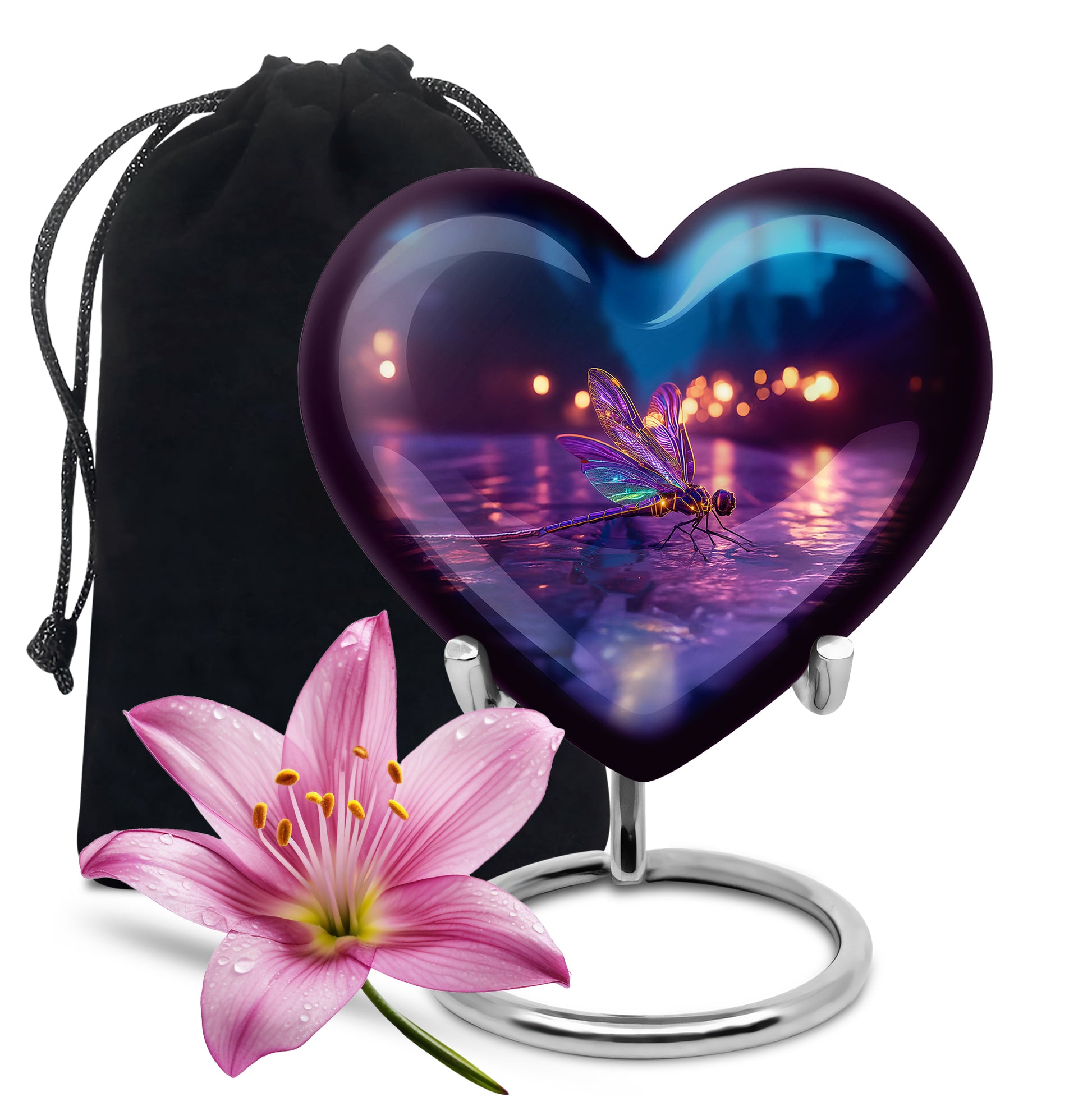 Cornflower Blue Dragonfly Cremation Urn detail view - compassionate heart-dragonfly combination with gentle curves - full-size 10 inch 200 cubic inch adult cremation urn