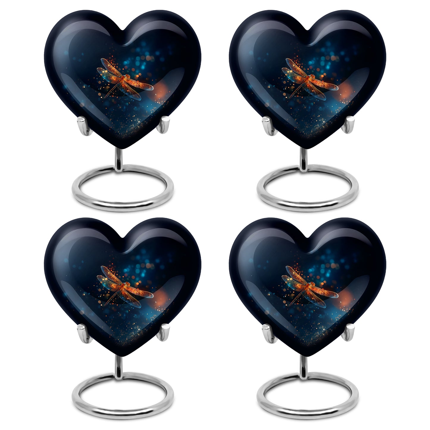 Twilight Blue Dragonfly Cremation Urn angled view of lid and engraved motif - compassionate heart-dragonfly combination with gentle curves - 10 inch aluminum urn for cremated remains
