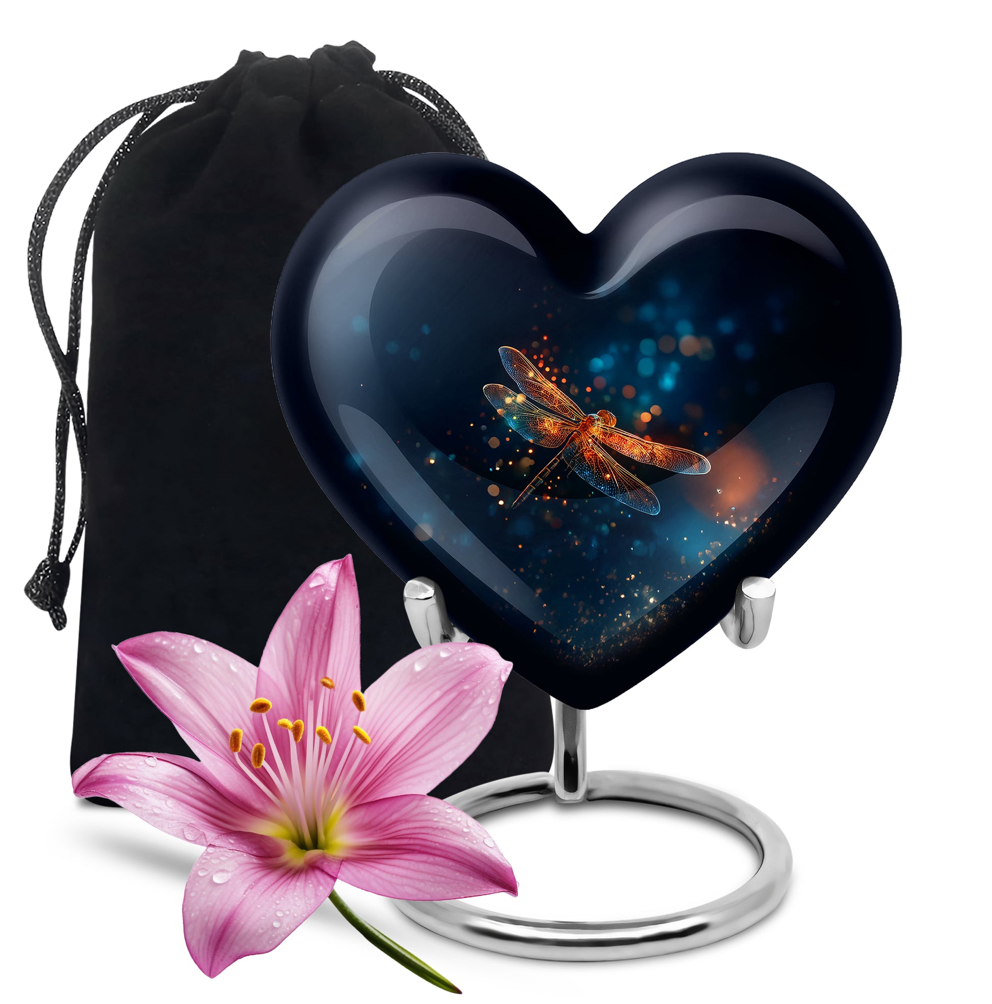 Powder Blue Dragonfly Cremation Urn detail view - heart-shaped dragonfly design symbolizing eternal love - full-size 10 inch 200 cubic inch adult cremation urn
