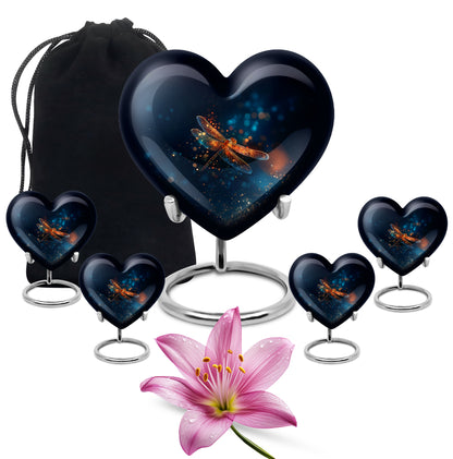 Bright Blue Dragonfly Cremation Urn close-up of engraving and surface detail - compassionate heart-dragonfly combination with gentle curves - memorial set with one large and four small urns
