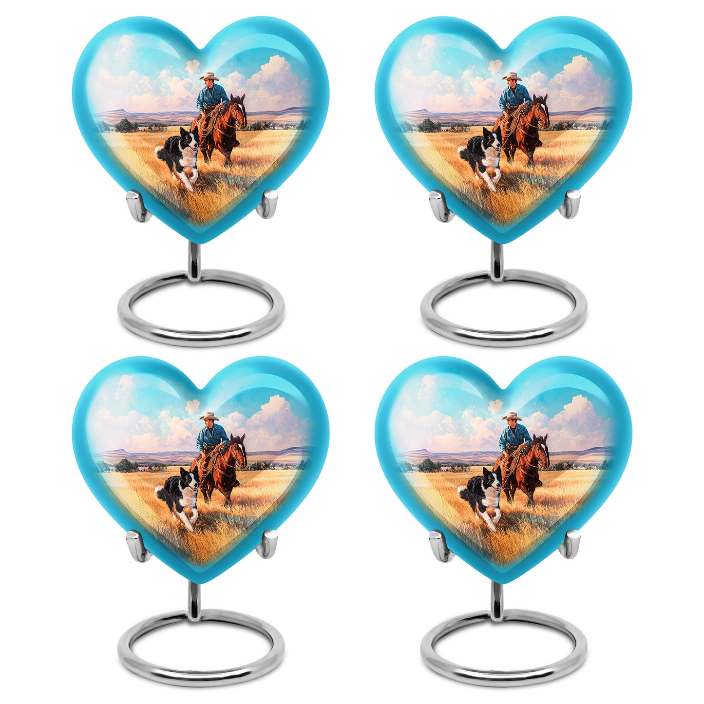 Soft Teal Cowboy Cremation Urn angled view of lid and engraved motif - heart-shaped cowboy design symbolizing eternal love - 10 inch aluminum urn for cremated remains