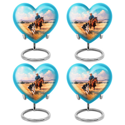 Soft Teal Cowboy Cremation Urn angled view of lid and engraved motif - heart-shaped cowboy design symbolizing eternal love - 10 inch aluminum urn for cremated remains