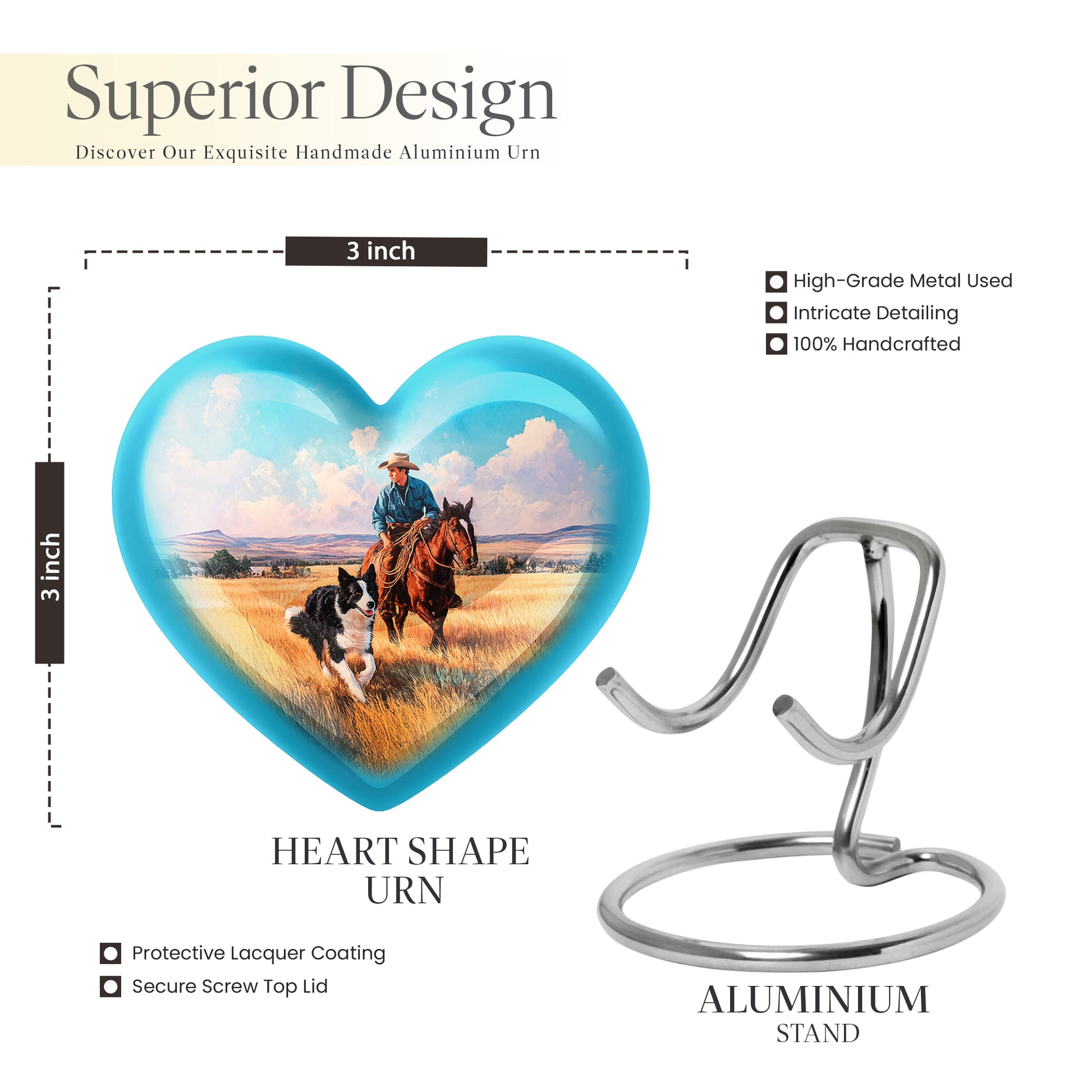 Cool Teal Cowboy Cremation Urn front view showing detailed design - heart-shaped cowboy design symbolizing eternal love - mini keepsake memorial for portion of cremation ashes
