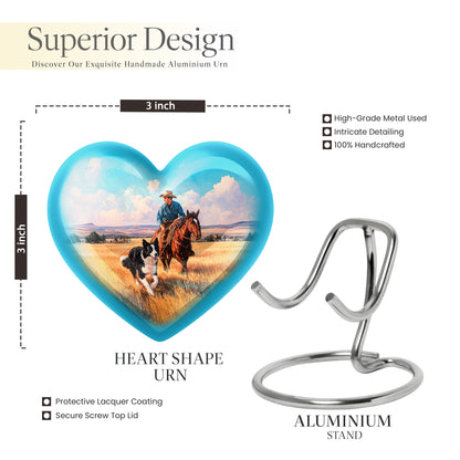 Cool Teal Cowboy Cremation Urn front view showing detailed design - heart-shaped cowboy design symbolizing eternal love - mini keepsake memorial for portion of cremation ashes