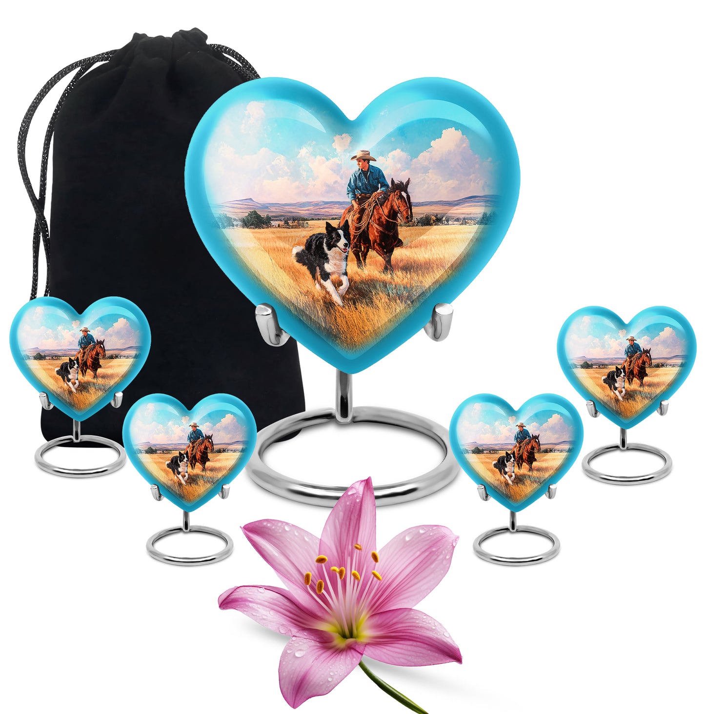 Aqua Teal Cowboy Cremation Urn close-up of engraving and surface detail - romantic heart urn with cowboy motif on aluminum - memorial set with one large and four small urns