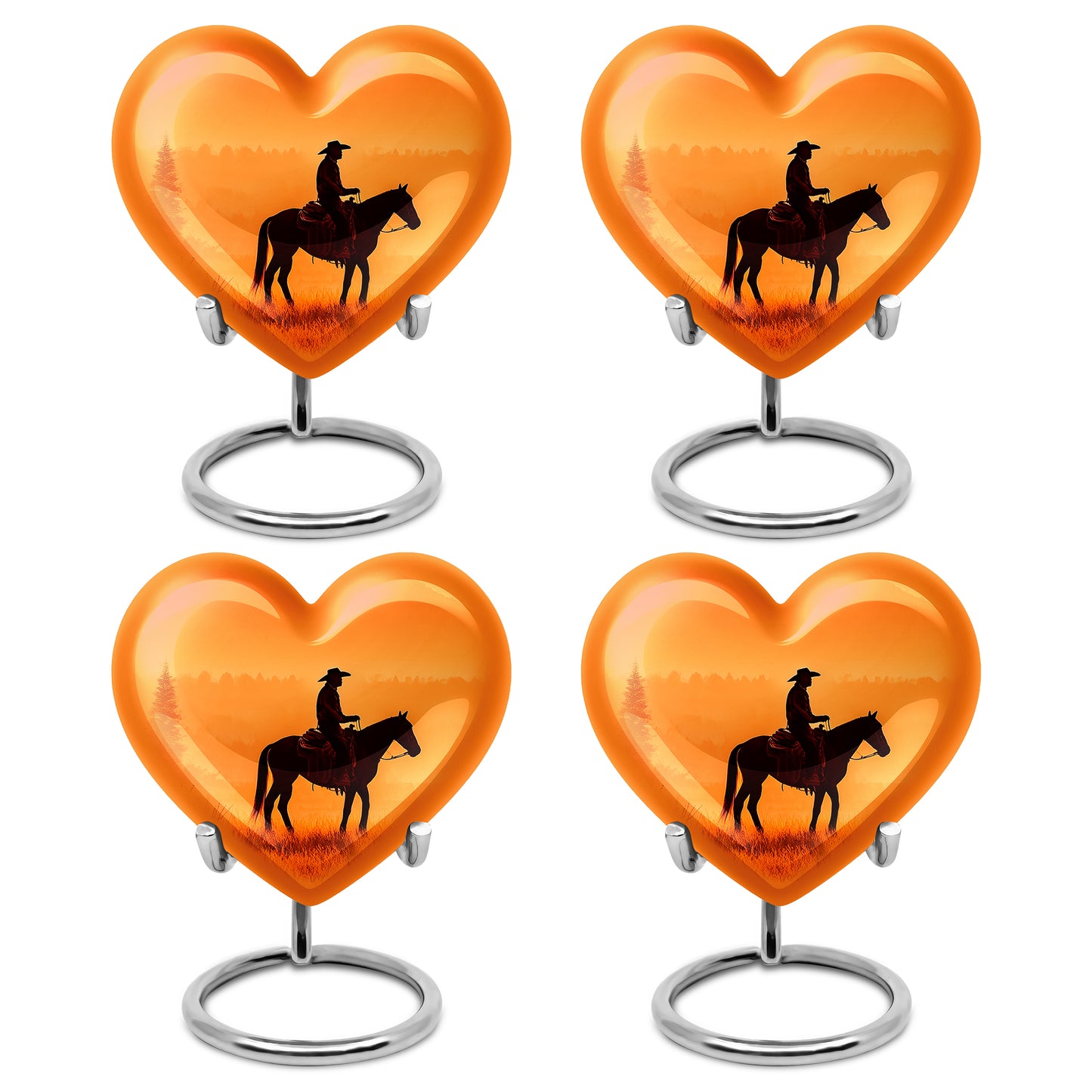 Matte Gold Cowboy Cremation Urn angled view of lid and engraved motif - romantic heart urn with cowboy motif on aluminum - 10 inch aluminum urn for cremated remains