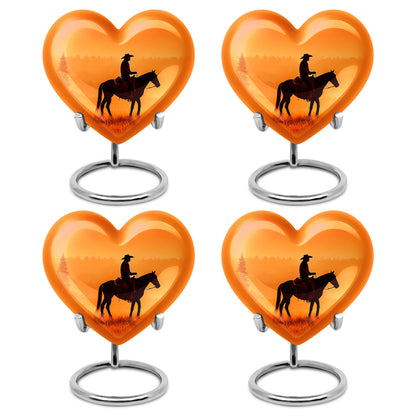 Matte Gold Cowboy Cremation Urn angled view of lid and engraved motif - romantic heart urn with cowboy motif on aluminum - 10 inch aluminum urn for cremated remains