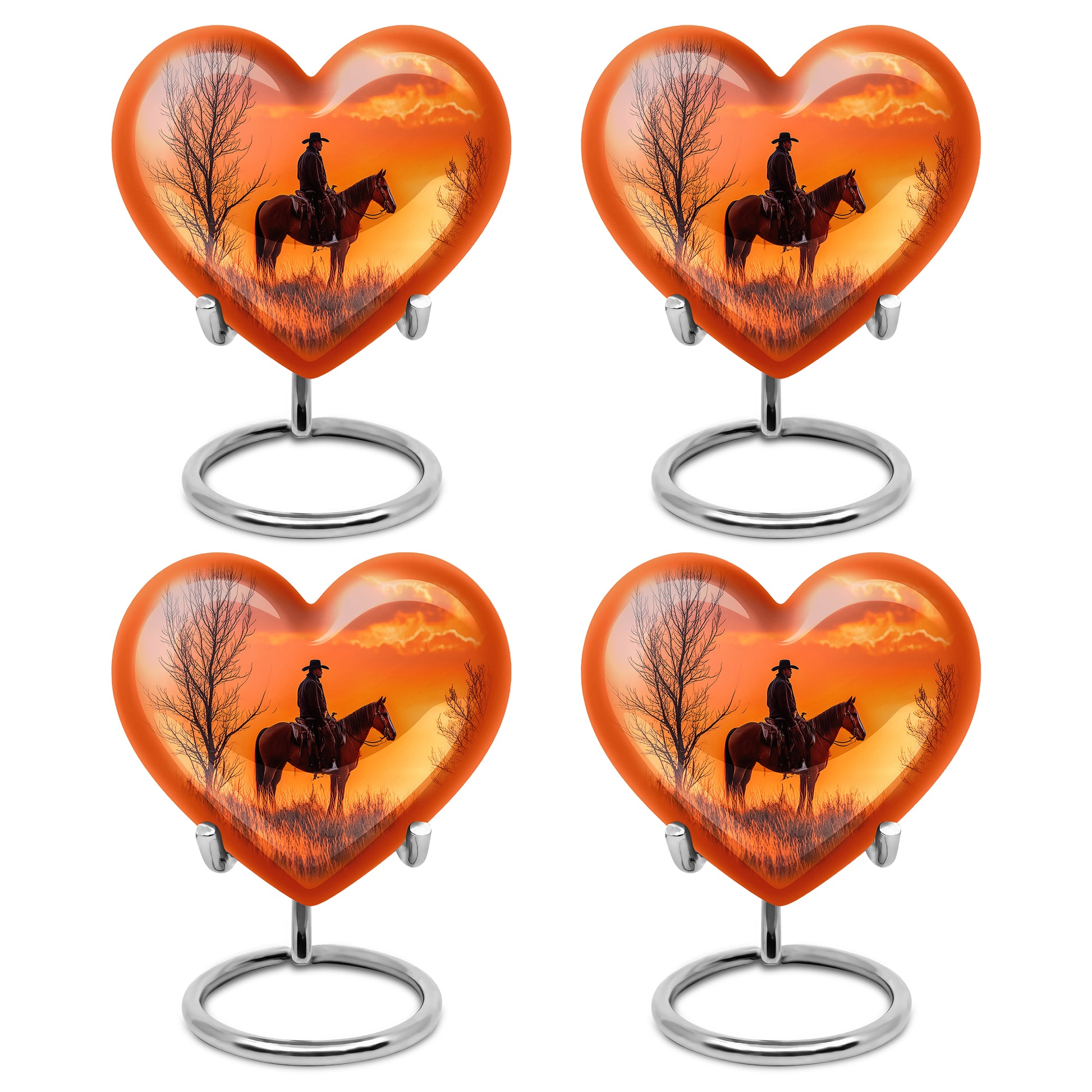 Scarlet Red Cowboy Cremation Urn angled view of lid and engraved motif - compassionate heart-cowboy combination with gentle curves - 10 inch aluminum urn for cremated remains