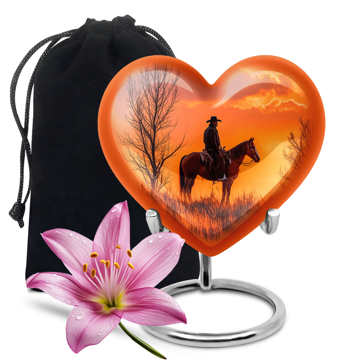 Burgundy Red Cowboy Cremation Urn detail view - loving heart memorial featuring cowboy pattern - full-size 10 inch 200 cubic inch adult cremation urn
