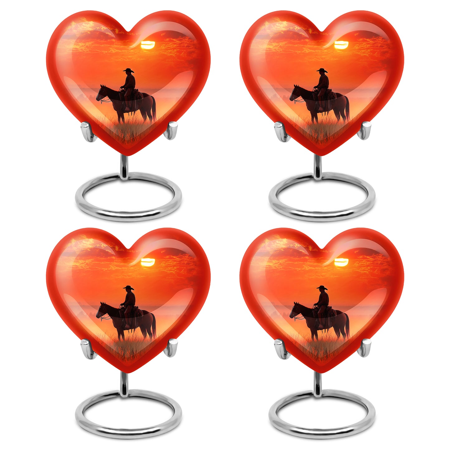 Deep Red Cowboy Cremation Urn angled view of lid and engraved motif - loving heart memorial featuring cowboy pattern - 10 inch aluminum urn for cremated remains