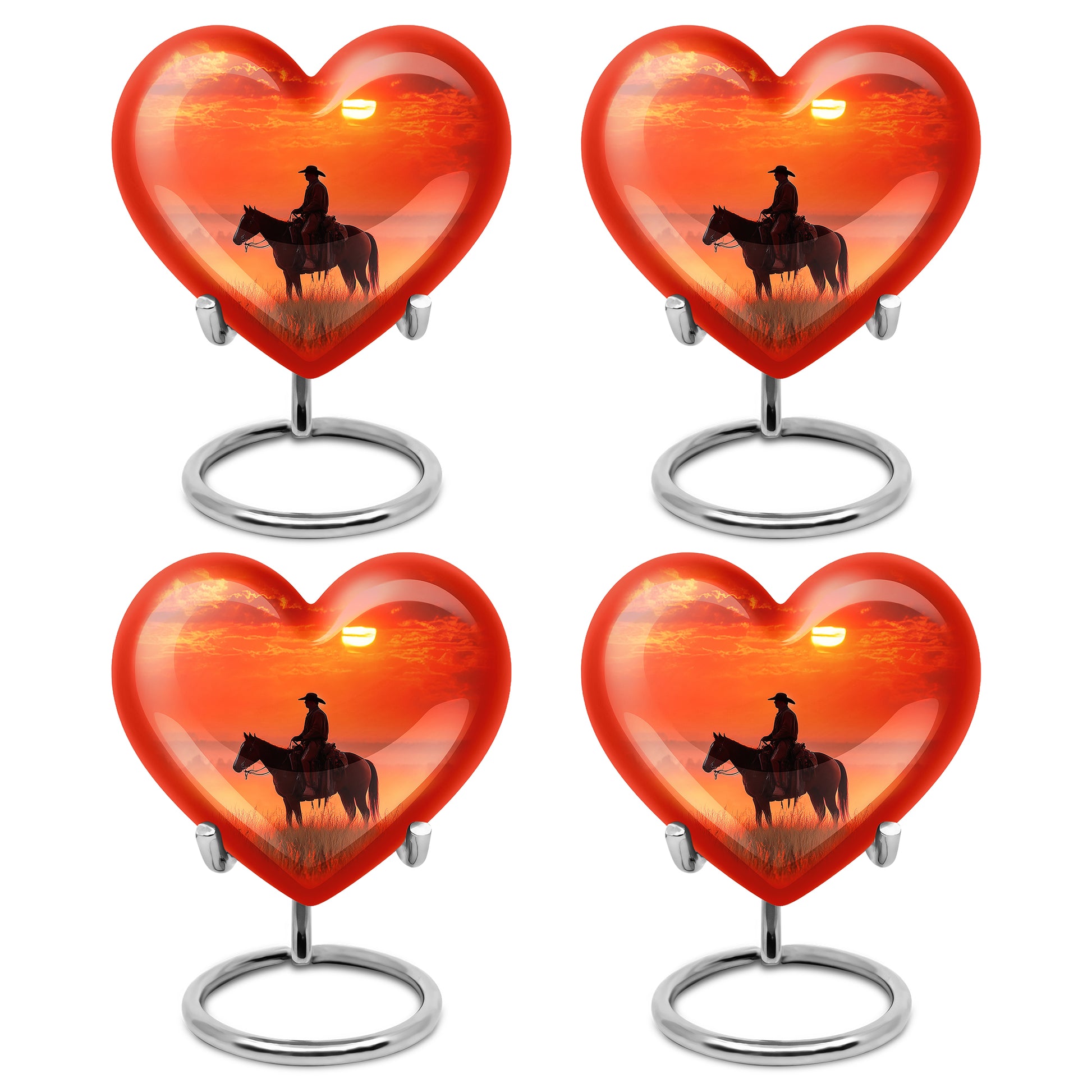 Deep Red Cowboy Cremation Urn angled view of lid and engraved motif - loving heart memorial featuring cowboy pattern - 10 inch aluminum urn for cremated remains