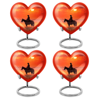 Deep Red Cowboy Cremation Urn angled view of lid and engraved motif - loving heart memorial featuring cowboy pattern - 10 inch aluminum urn for cremated remains