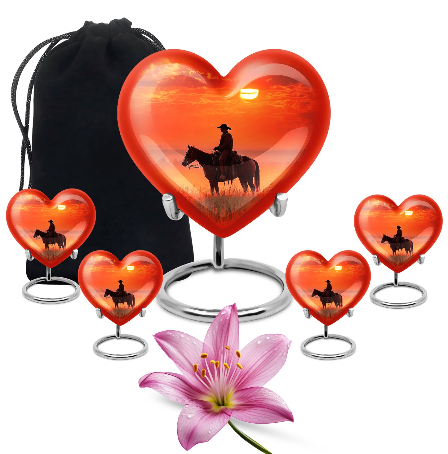 Rich Red Cowboy Cremation Urn close-up of engraving and surface detail - compassionate heart-cowboy combination with gentle curves - memorial set with one large and four small urns