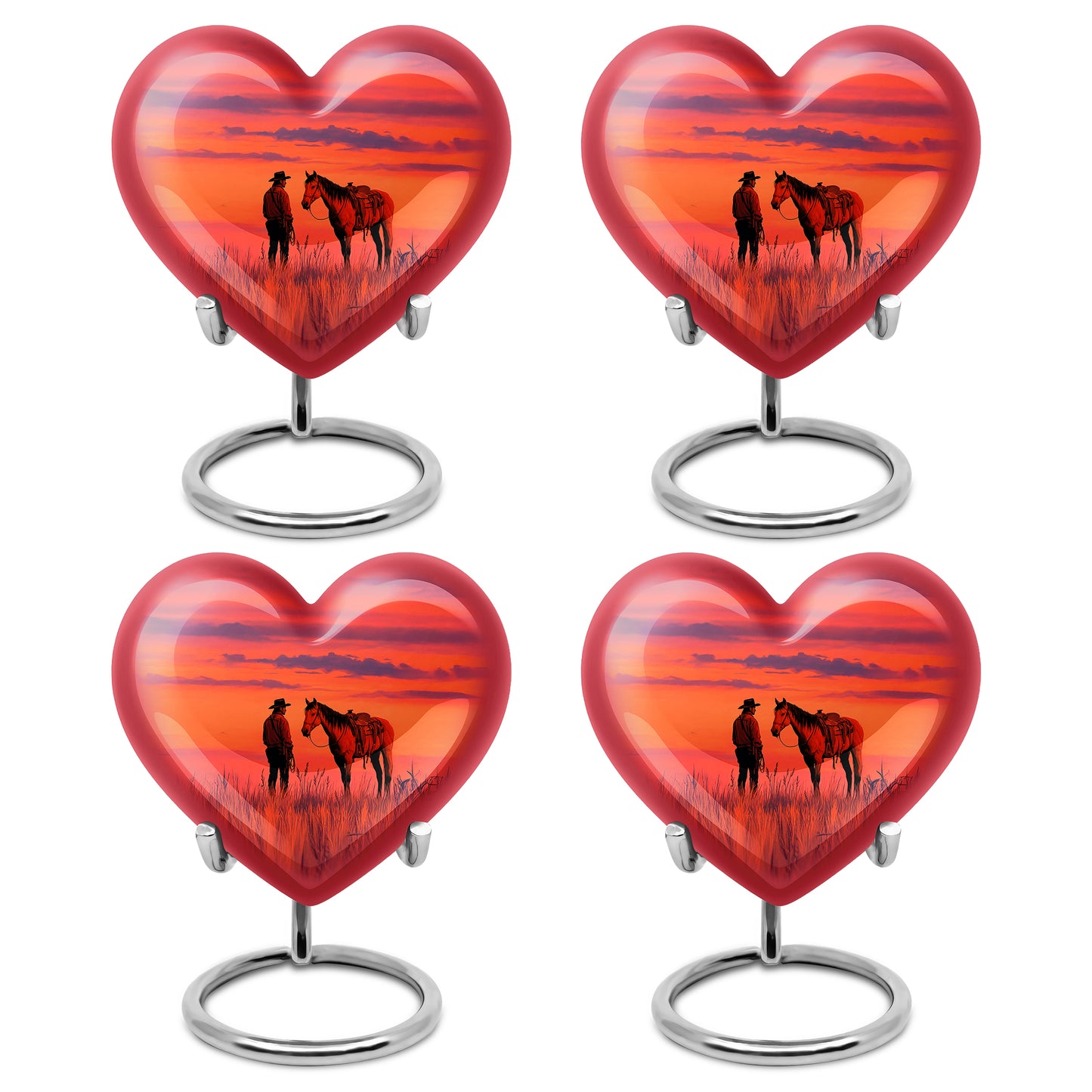Garnet Red Cowboy Cremation Urn angled view of lid and engraved motif - heart-shaped cowboy design symbolizing eternal love - 10 inch aluminum urn for cremated remains