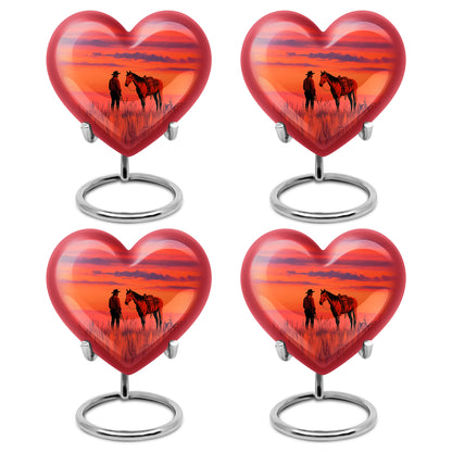 Garnet Red Cowboy Cremation Urn angled view of lid and engraved motif - heart-shaped cowboy design symbolizing eternal love - 10 inch aluminum urn for cremated remains