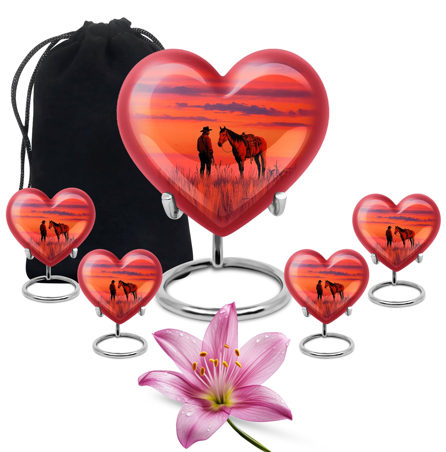 Rich Red Cowboy Cremation Urn close-up of engraving and surface detail - compassionate heart-cowboy combination with gentle curves - memorial set with one large and four small urns