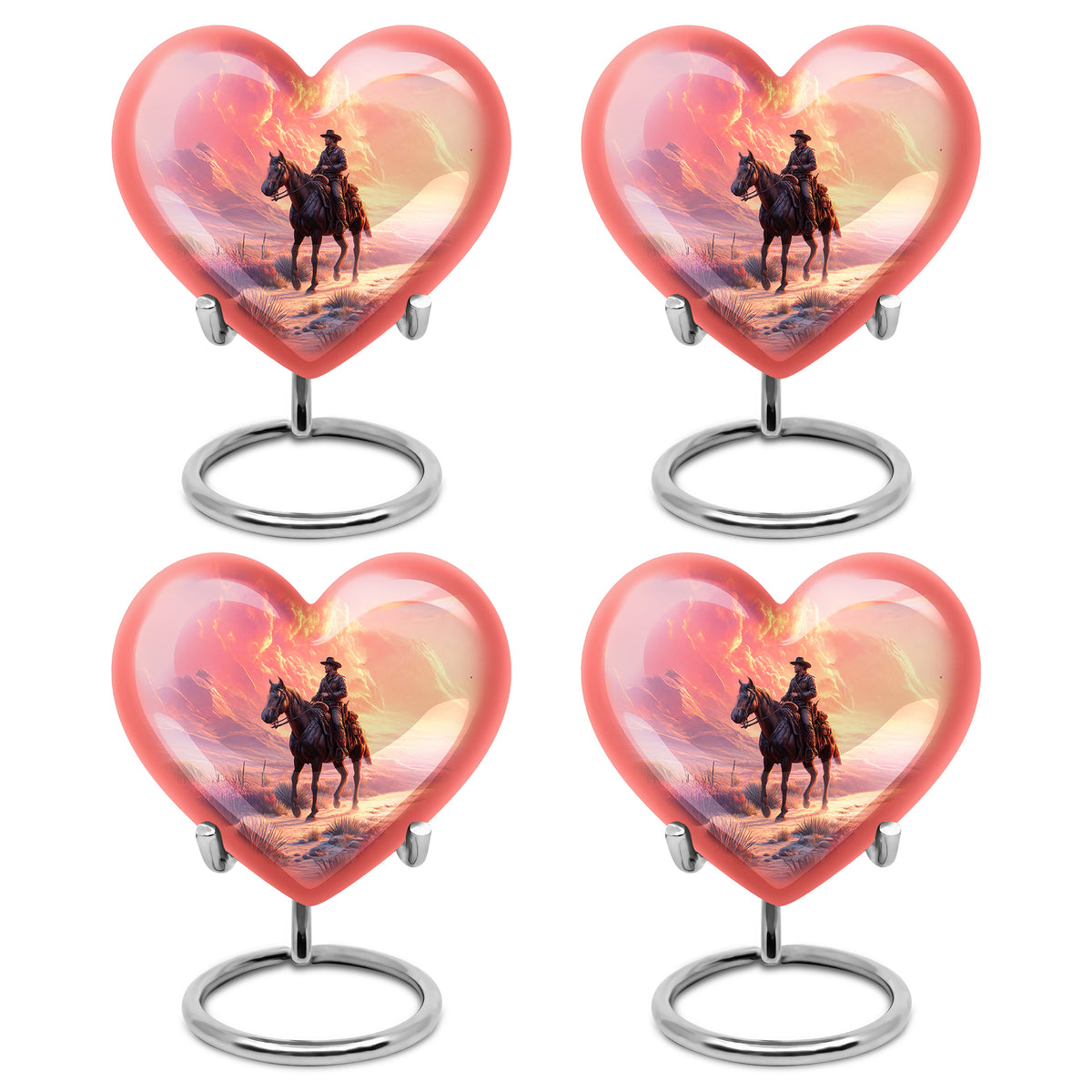 Misty Blue Cowboy Cremation Urn angled view of lid and engraved motif - loving heart memorial featuring cowboy pattern - 10 inch aluminum urn for cremated remains