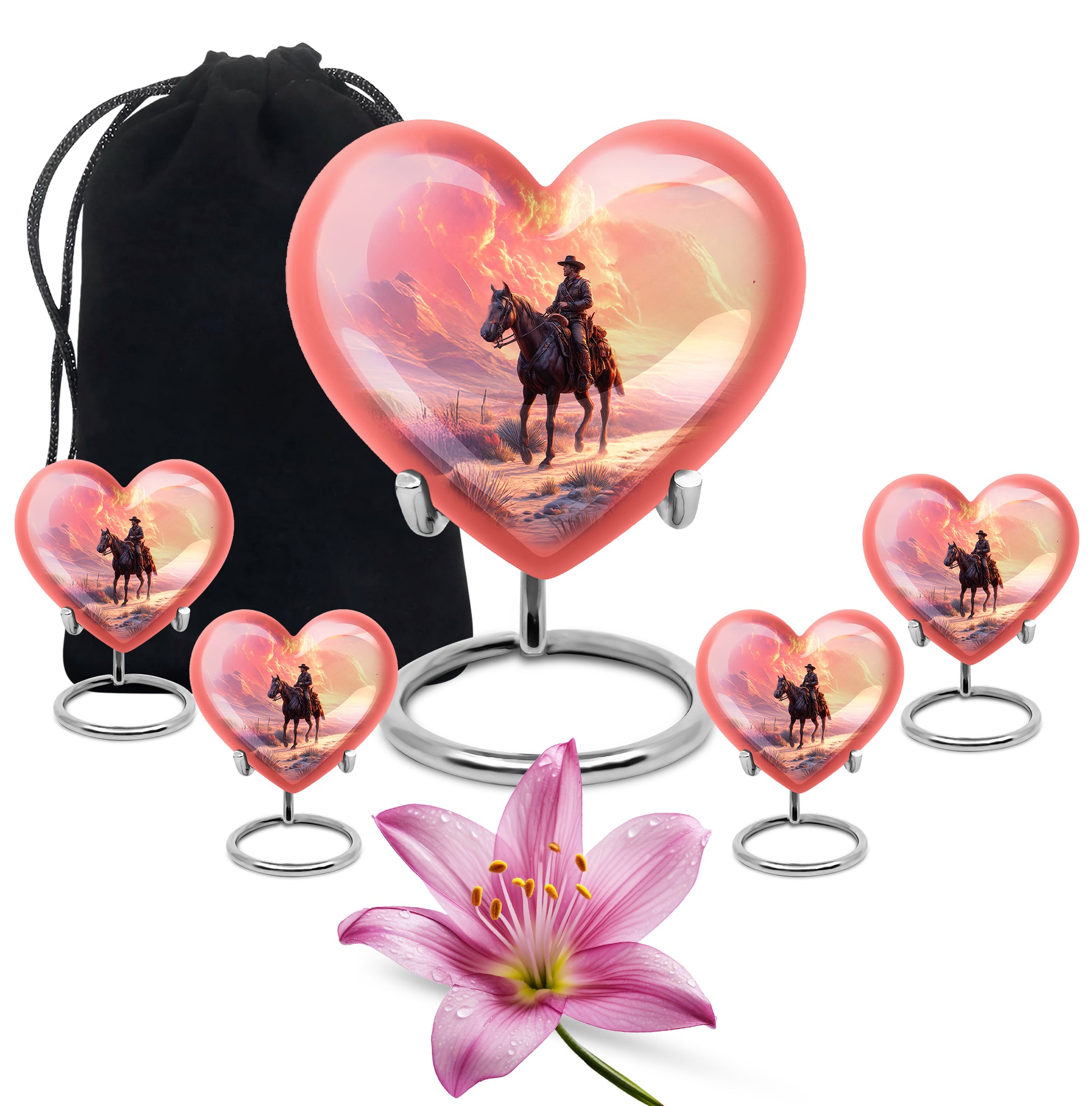 Cornflower Blue Cowboy Cremation Urn close-up of engraving and surface detail - romantic heart urn with cowboy motif on aluminum - memorial set with one large and four small urns