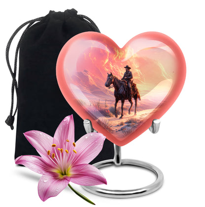 Dusty Blue Cowboy Cremation Urn detail view - loving heart memorial featuring cowboy pattern - full-size 10 inch 200 cubic inch adult cremation urn