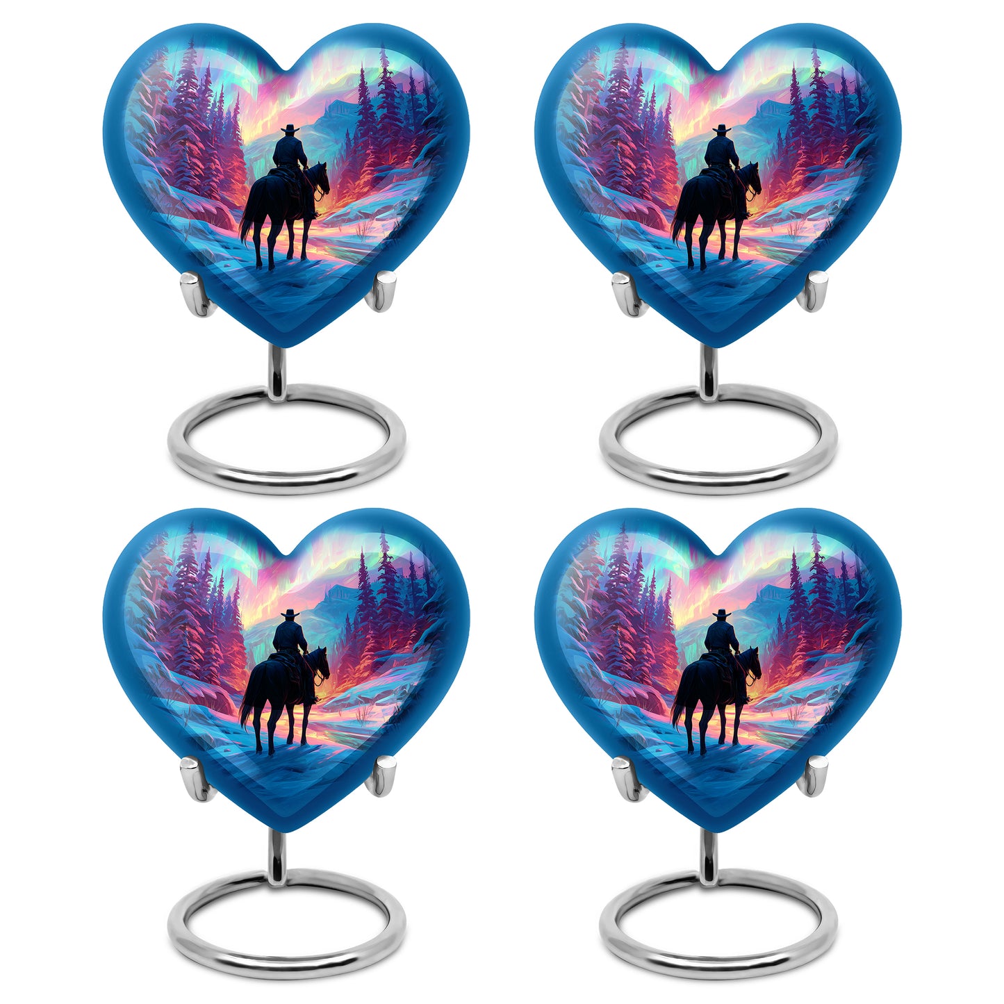 Rose Pink Cowboy Cremation Urn angled view of lid and engraved motif - loving heart memorial featuring cowboy pattern - 10 inch aluminum urn for cremated remains