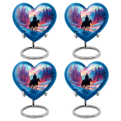 Rose Pink Cowboy Cremation Urn angled view of lid and engraved motif - loving heart memorial featuring cowboy pattern - 10 inch aluminum urn for cremated remains