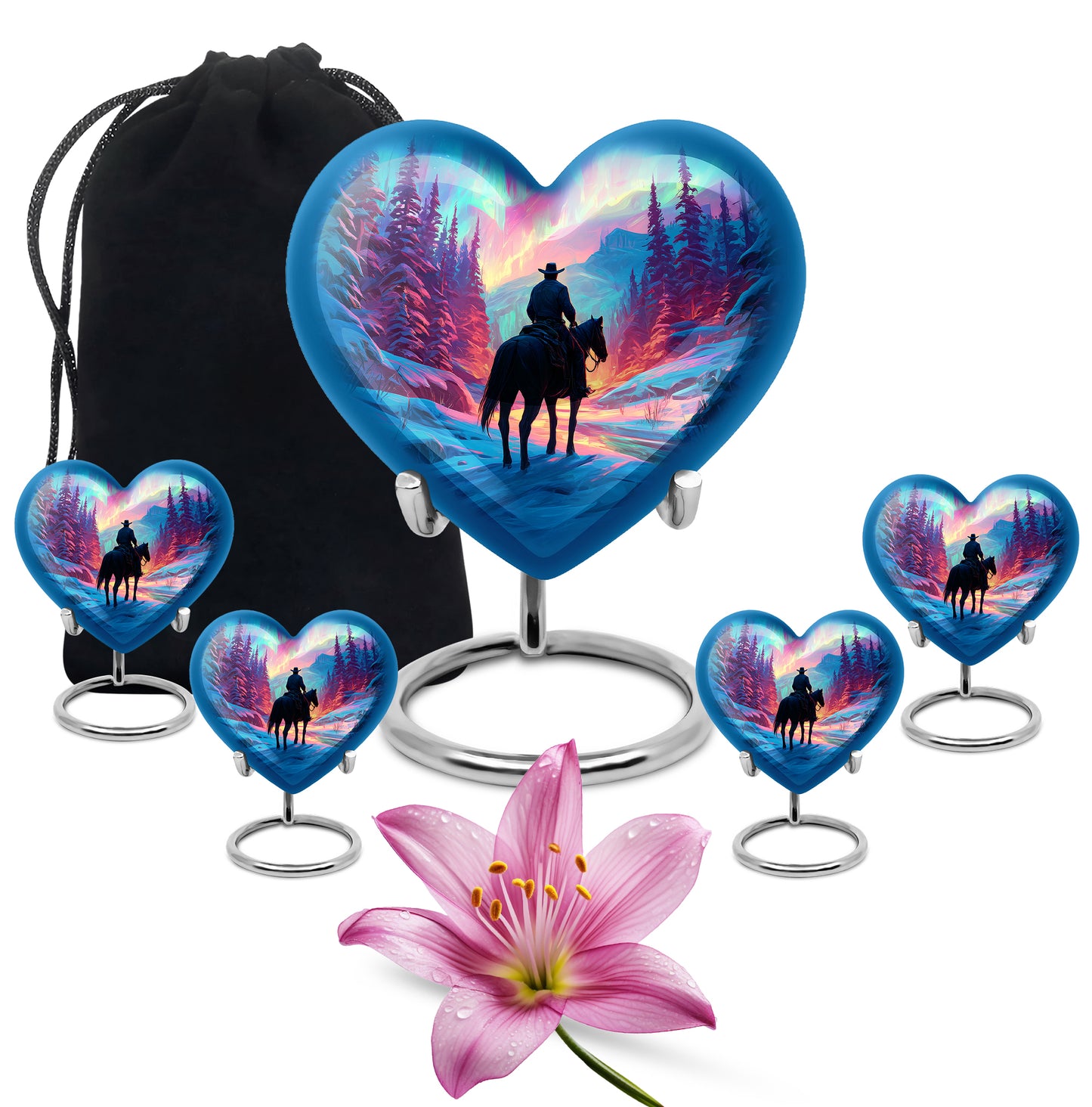Rose Pink Cowboy Cremation Urn close-up of engraving and surface detail - heart-shaped cowboy design symbolizing eternal love - memorial set with one large and four small urns
