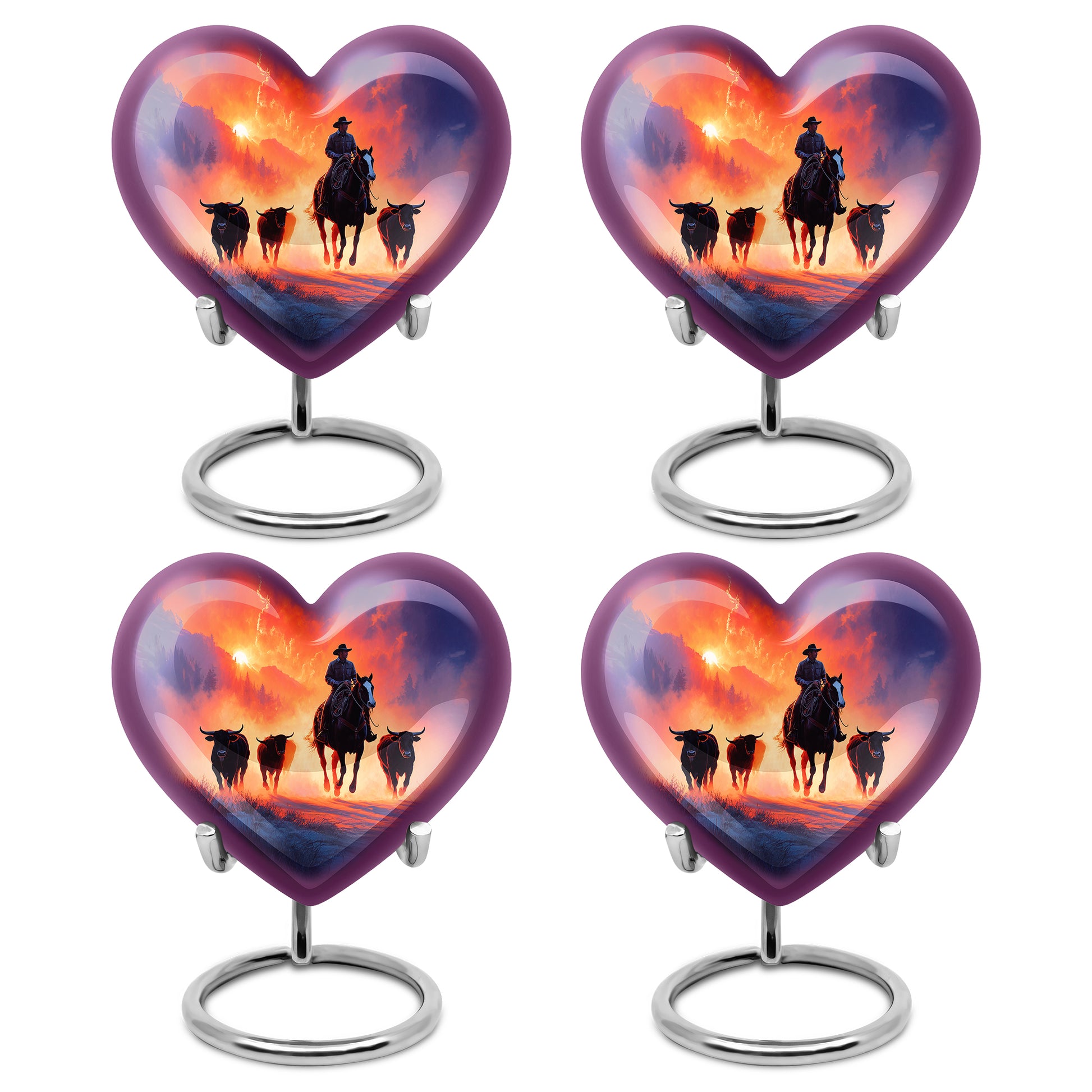 Royal Purple Cowboy Cremation Urn angled view of lid and engraved motif - compassionate heart-cowboy combination with gentle curves - 10 inch aluminum urn for cremated remains