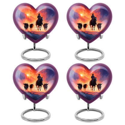 Royal Purple Cowboy Cremation Urn angled view of lid and engraved motif - compassionate heart-cowboy combination with gentle curves - 10 inch aluminum urn for cremated remains
