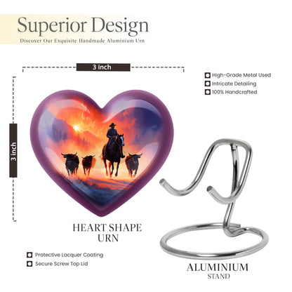 Deep Purple Cowboy Cremation Urn front view showing detailed design - heart-shaped cowboy design symbolizing eternal love - mini keepsake memorial for portion of cremation ashes