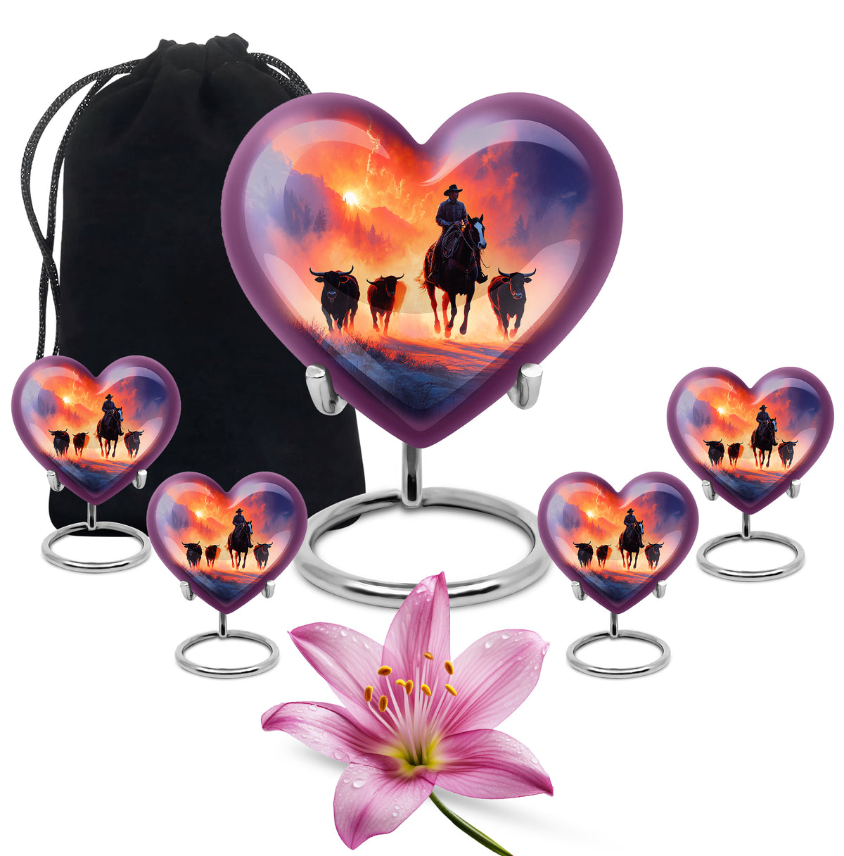 Plum Purple Cowboy Cremation Urn close-up of engraving and surface detail - loving heart memorial featuring cowboy pattern - memorial set with one large and four small urns