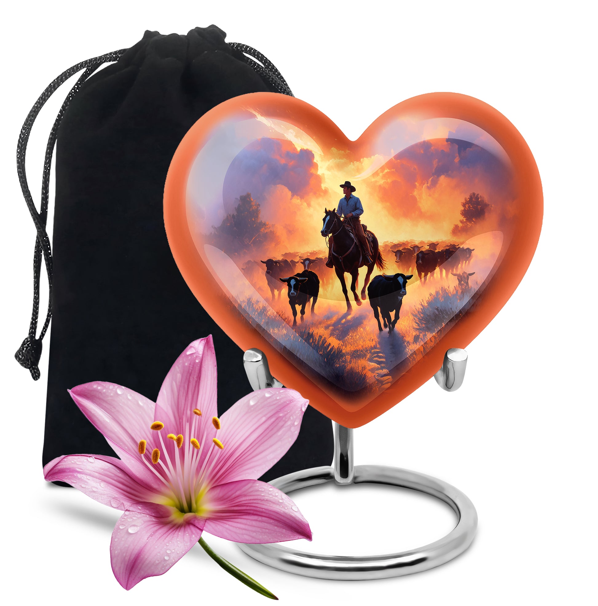 Orchid Purple Cowboy Cremation Urn detail view - heart-shaped cowboy design symbolizing eternal love - full-size 10 inch 200 cubic inch adult cremation urn